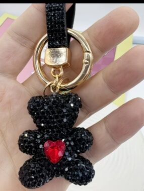 Black Teddy Keychain/bag Charm with Red Heart Accent